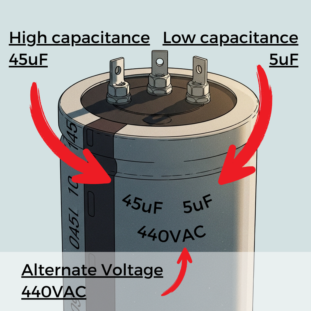 Dual run capacitor with visible label
